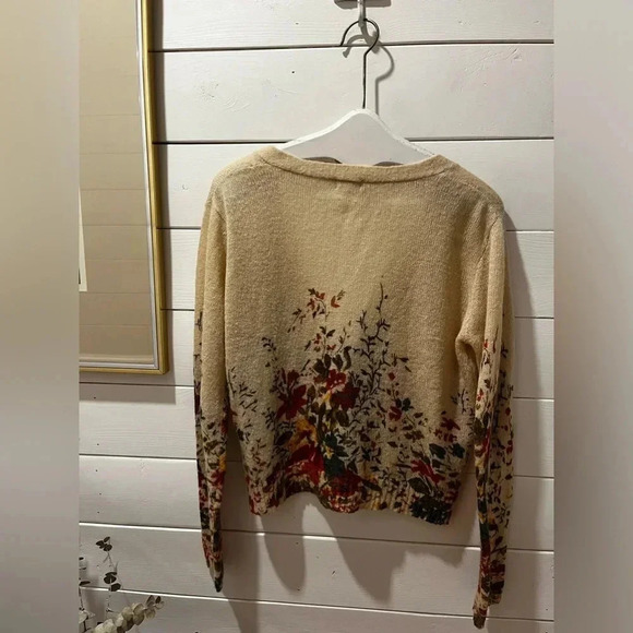 #101 JACQUELINE RIU Tan & flowers pattern cardigan blend wool & mohair size XL - Picture 9 of 11